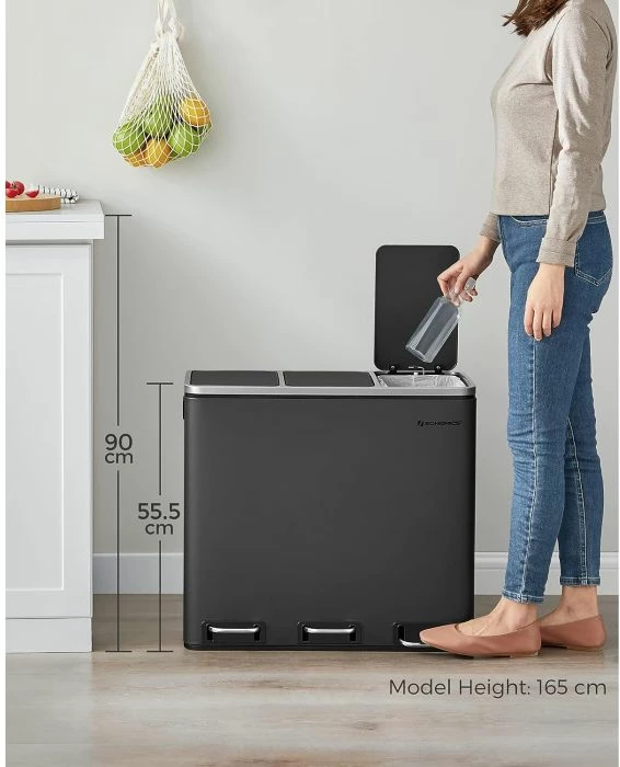 Kosh riciklimi me pedal SONGMICS LTB54BK, 3x18L, 3-kompartment, soft-close, i zi