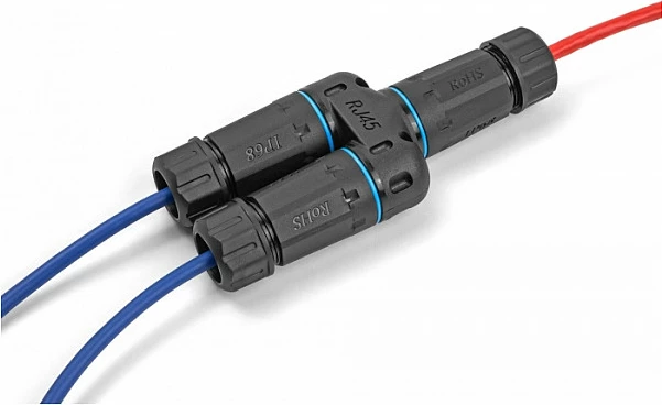 Adapter RJ45 DeLOCK Cat6a IP68, 1x RJ45 në 2x RJ45, i zi/kaltër