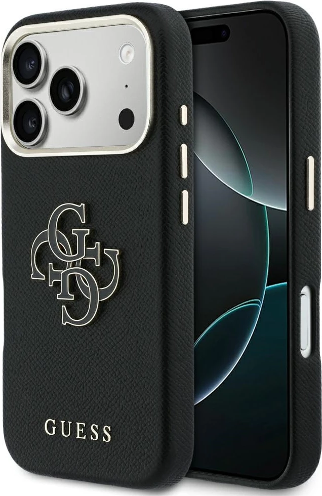 Mbështjellës Guess FW Resin Logo për iPhone 17 Pro, hardcase eco-leather/TPU/PC, i zi, në kuti
