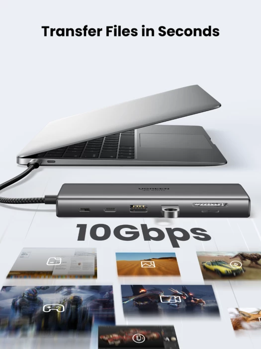 Hub USB-C UGREEN 45520 11-në-1, PD 100W, HDMI 4K@30Hz, VGA, RJ45 Gigabit, SD/TF, AUX 3.5mm, gri e errët