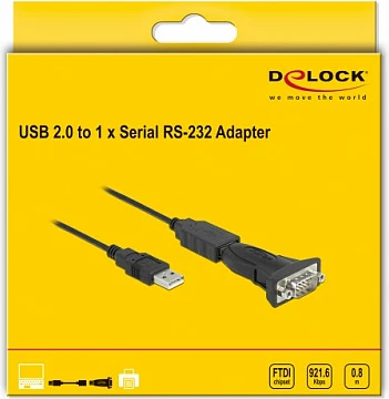 Adapter USB 2.0 DeLOCK Type-A në Serial RS-232 D-Sub 9-pin mashkull, 0.8 m, i zi