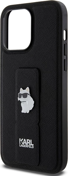 Mbështjellës Karl Lagerfeld Gripstand Saffiano Choupette Pins për iPhone 13 Pro/13, e zezë