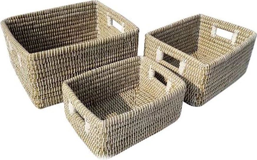Set shporta NILE, 3 copë, kansgrass natyral-bardhë, 45x35x30cm