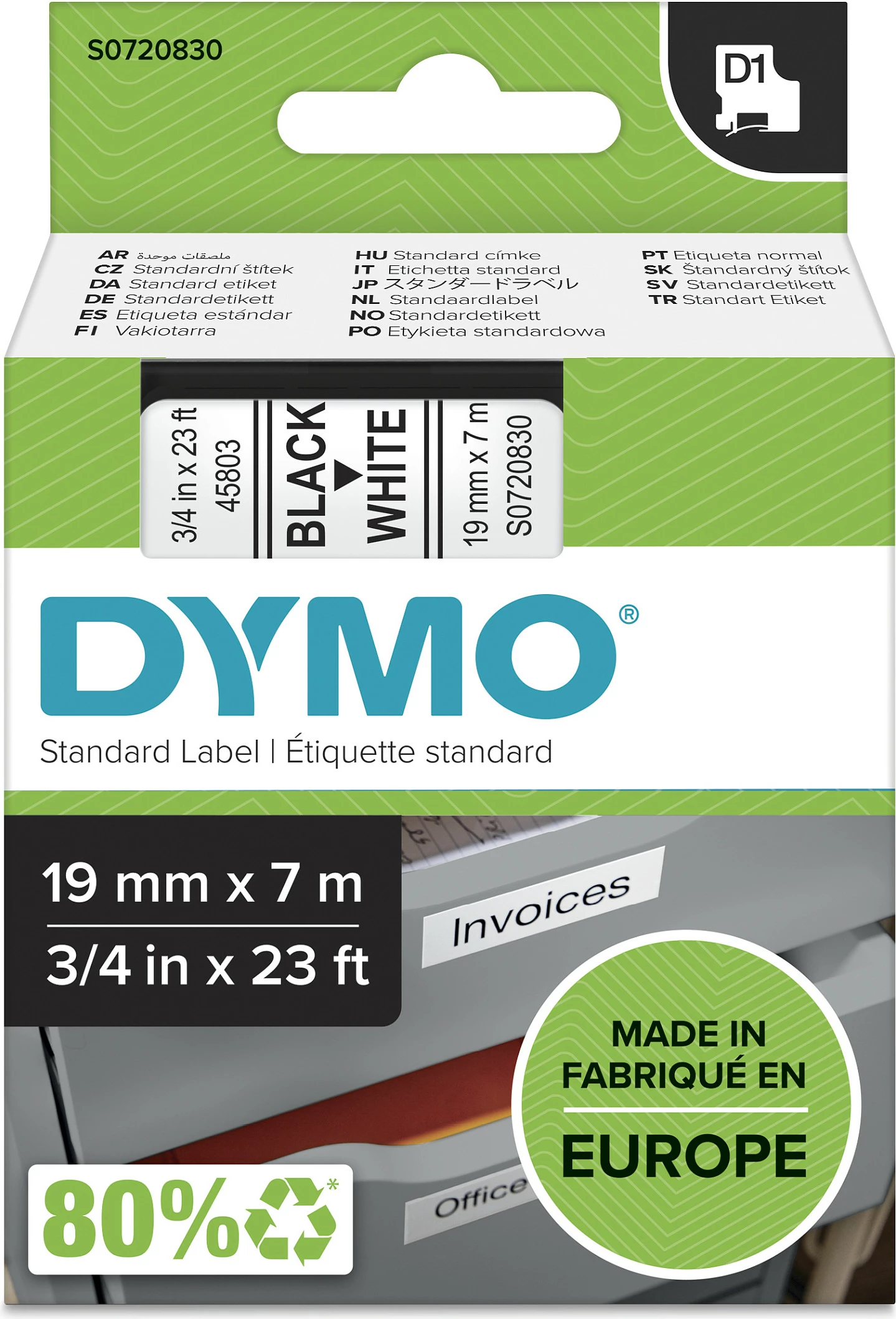 Shirit etiketash DYMO D1 Standard 19mm x 7m, zi në të bardhë