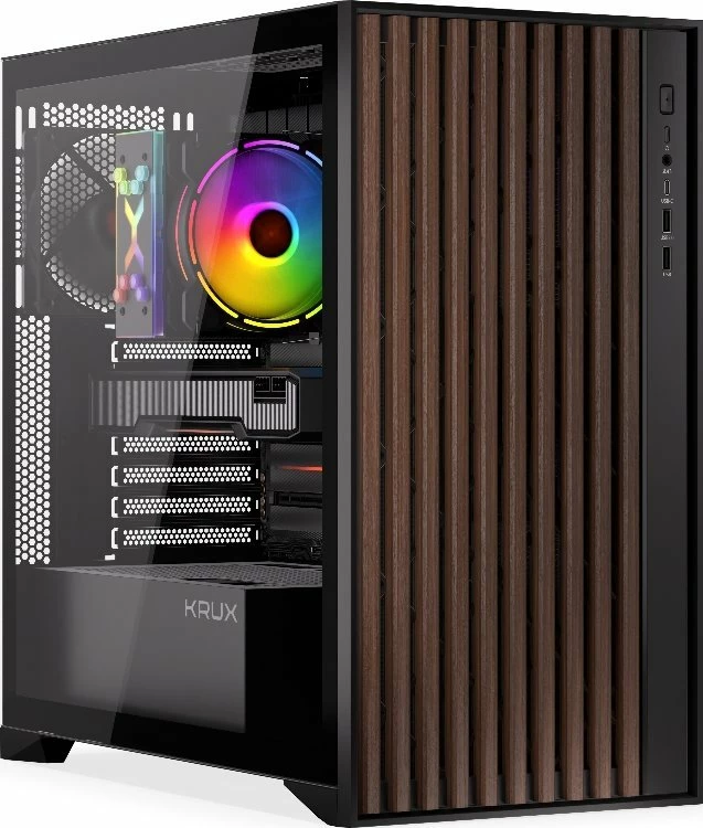 Kasë Krux Palum KRXD008 Midi Tower ATX/Micro-ATX/Mini-ITX, USB-C, 2x120mm fans, pa PSU, zezë/kafe