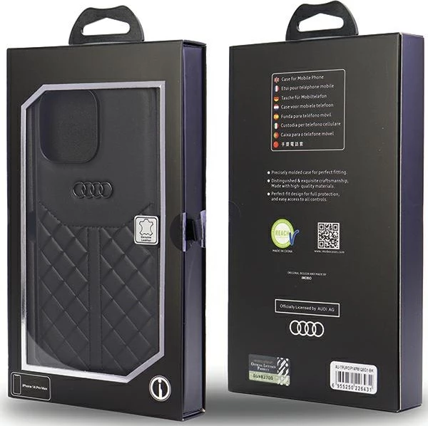 Mbështjellës Audi Genuine Leather për iPhone 14 Pro Max 6.7", i zi