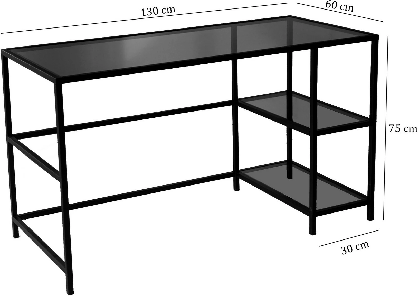 Tavolinë pune moderne Hanah Home, Master Çalışma Masası, 130x60cm, xham i temperuar, kornizë metalike, ngjyrë e zezë dhe fume