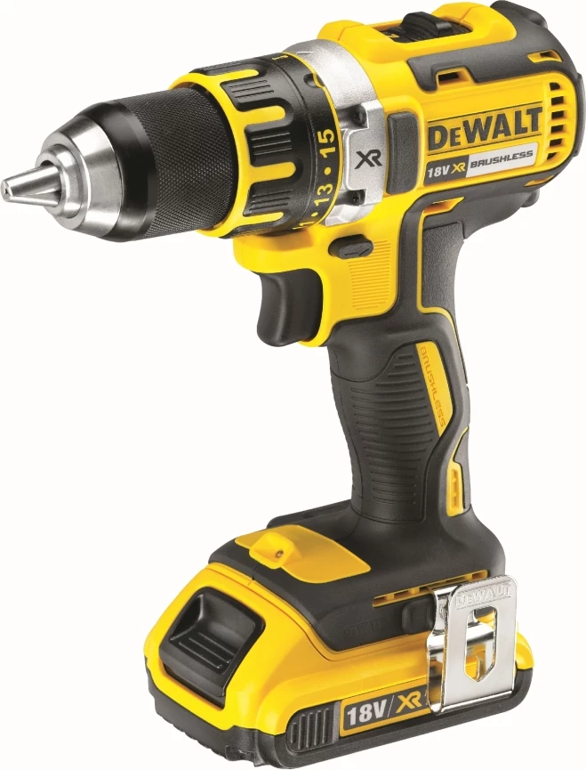 Trapan/vidhues pa kabllo brushless DeWalt DCD790D2 18V 2.0Ah XR, set me 2 bateri + karikues + kuti TSTAK, verdhë/zezë