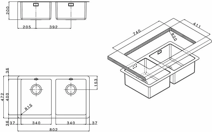 Lavaman Apell FEM3434UBC, 80 x 47 cm, çelik inox
