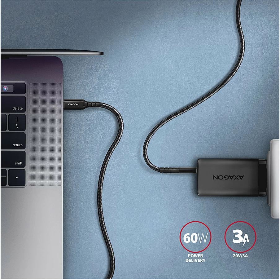 Kabllo USB-C Axagon BUCM-CM30AB, USB-C në USB-C, 3 m, PD 60W, 3A, e thurur, e zezë