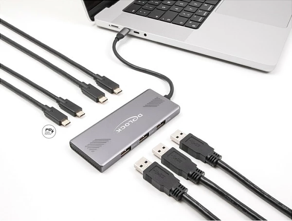 USB Hub DeLOCK 7-Port, 4x USB-C + 3x USB-A, USB 3.2 Gen 2, 10Gbps, PD 80W, Gri
