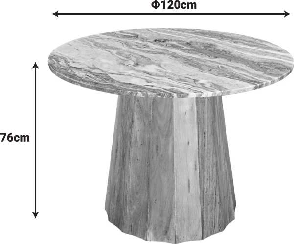 Tavolinë e rrumbullakët, dru akacie i fortë, sipërfaqe mermeri, ngjyrë natyrale, D120x76cm