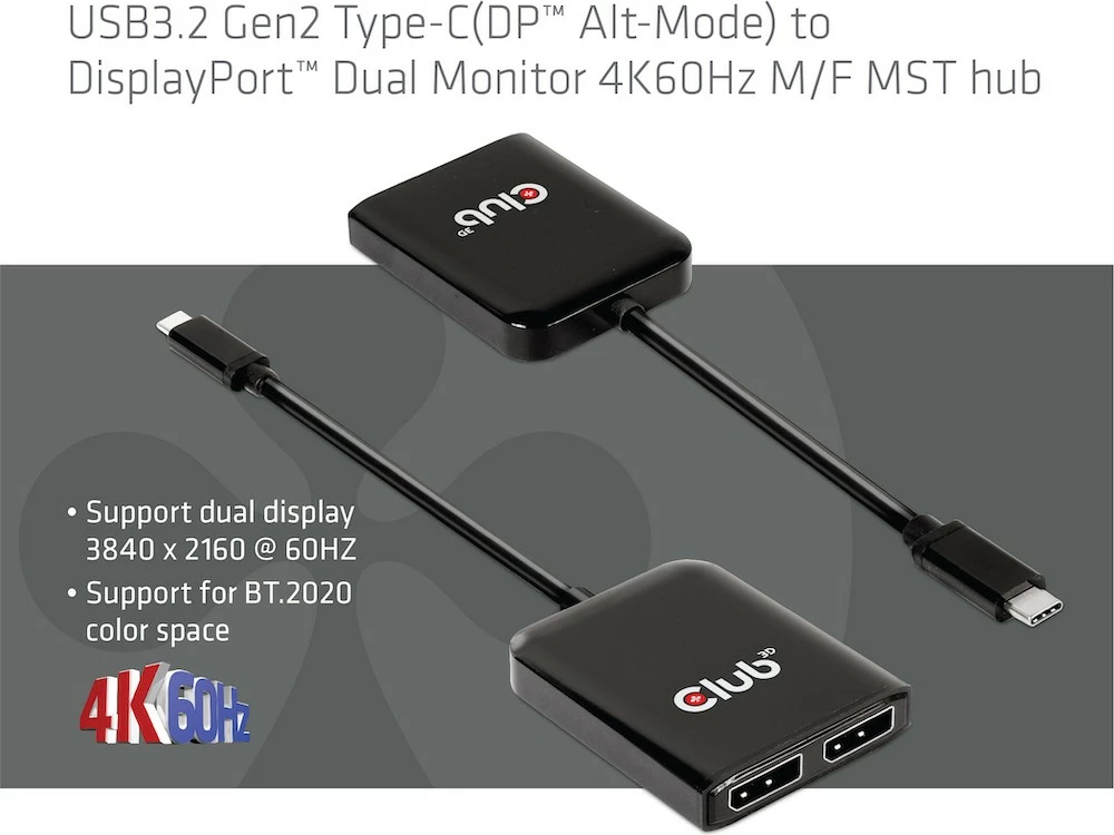 Adapter MST-Hub Club3D USB Type-C në 2x DisplayPort 4K60Hz, 1.5m, zi