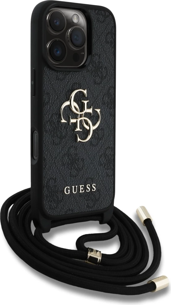 Mbështjellës Guess 4G Big Logo Cord Stap Crossbody për iPhone 16 Pro, e zezë