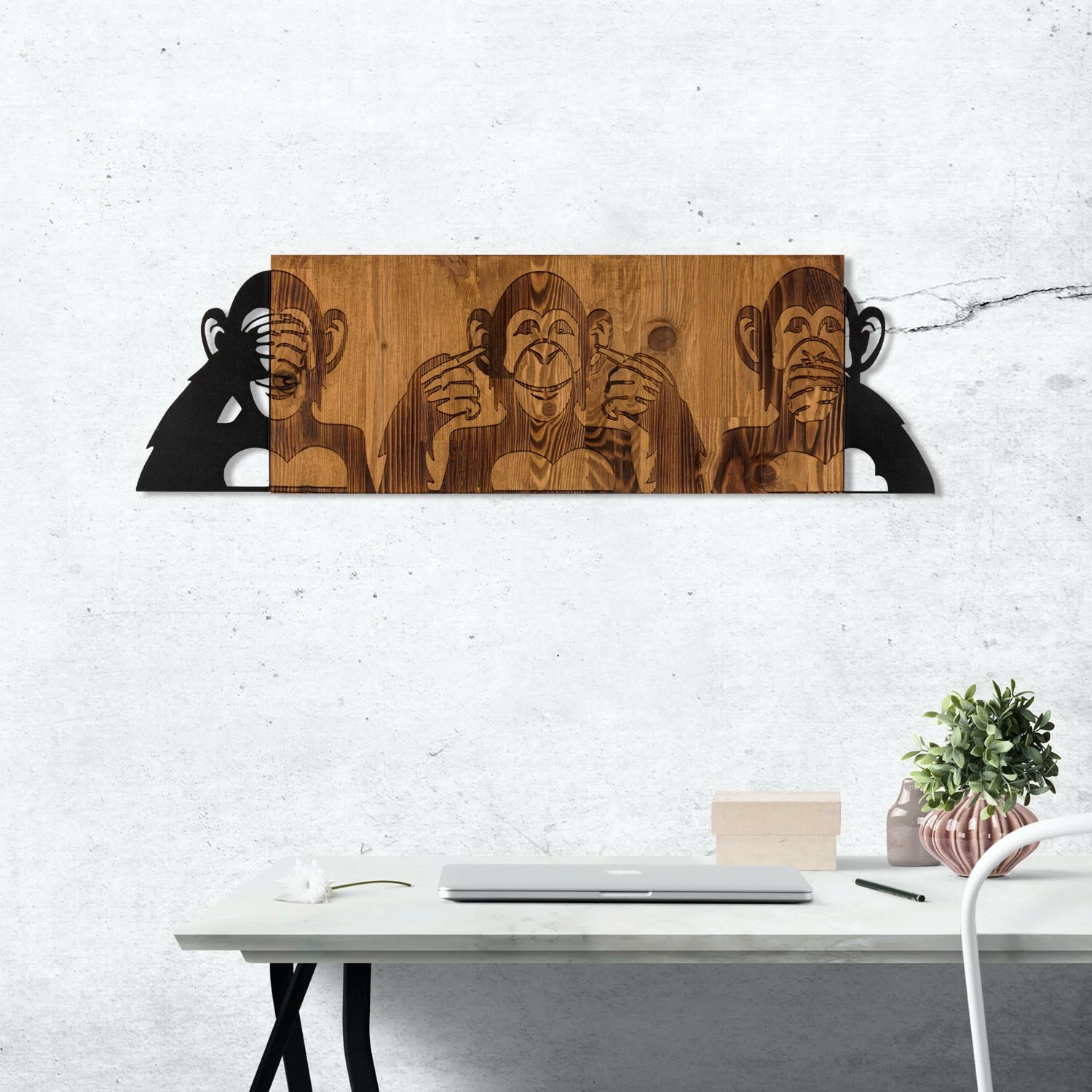 Aksesor dekorativ për mur, dru dhe metal, majmunët 'nuk pashë, nuk dëgjova, nuk di', ngjyrë e zezë dhe arre, 82x58cm