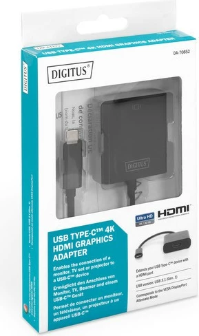 Adapter grafik Digitus DA-70852, USB Type-C në HDMI, 4K 30Hz, 15cm, i zi