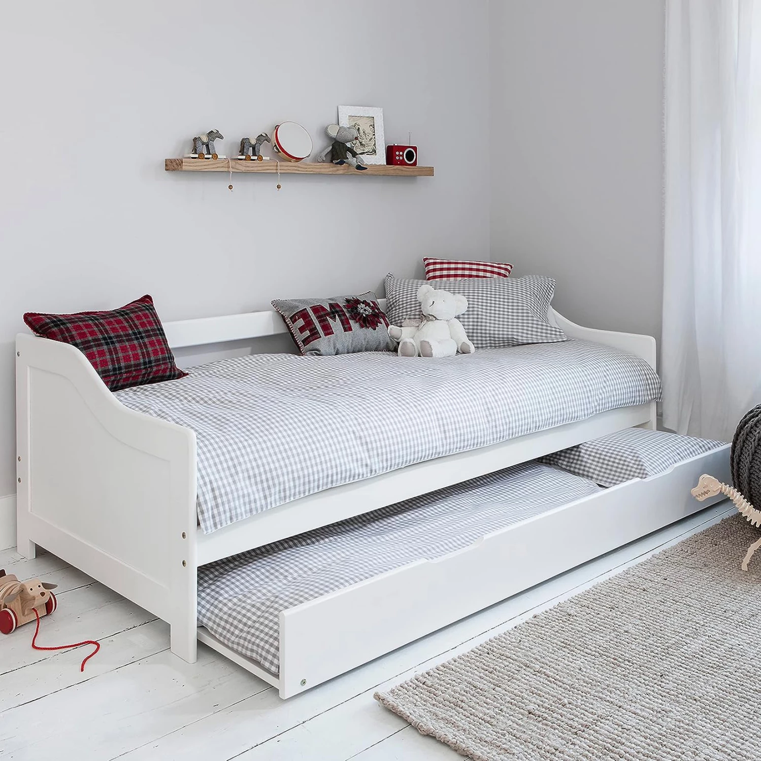 Krevat divan TRADDY, dru pishe, ngjyrë e bardhë, për dyshekë 190x90cm, me shtrat tërheqës