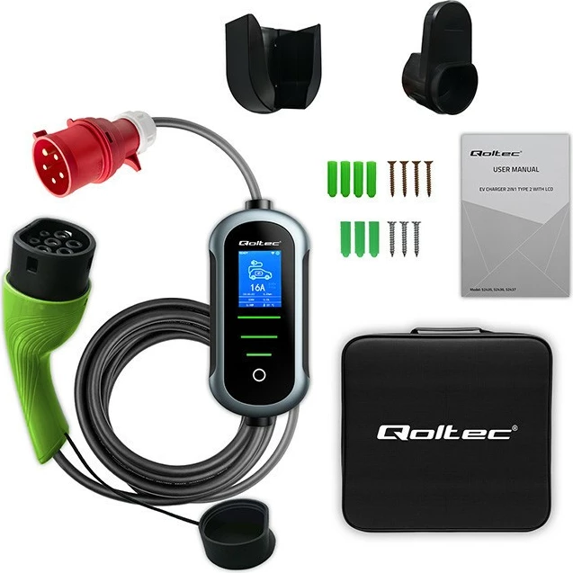 Karikues mobil/Wallbox për automjet elektrik, Qoltec 52437, Type 2 22kW 400V 3‑fazë 32A Wi‑Fi TUYA SMART LIFE LCD kabllo 7m IP65, zi/gjelbër, set me aksesorë