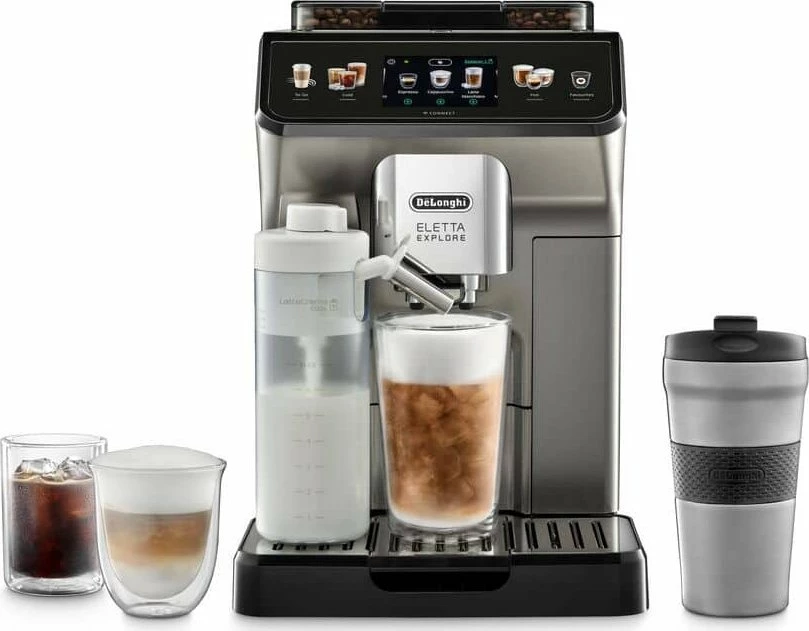 Makinë espresso DeLonghi Eletta Explore ECAM450.86.T, automatike bean-to-cup, Cold Brew, Wi‑Fi, me gotë termike, ngjyrë titanium
