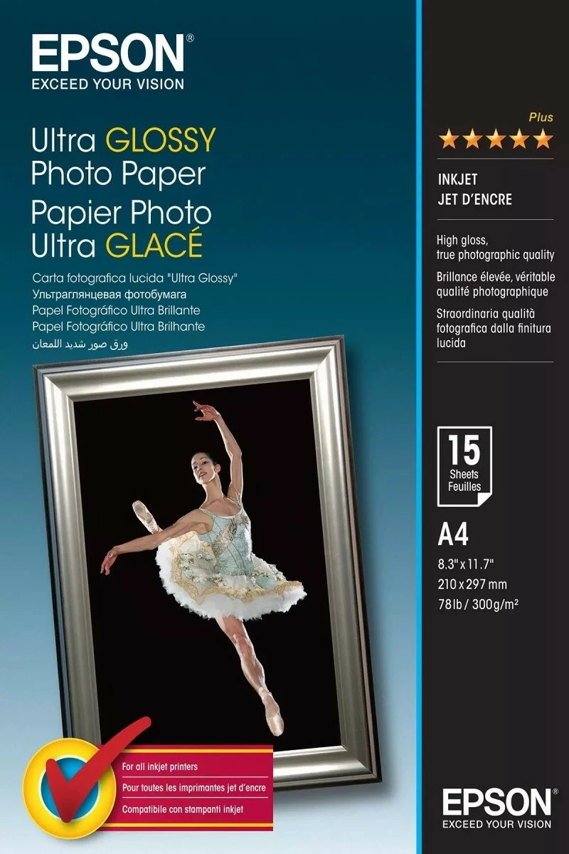 Letër fotografike ultra glossy, Epson, C13S041927, A4 15 fletë, 300 g/m², për printera inkjet