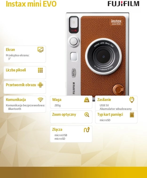 Kamerë instant hibride, Fujifilm, Instax mini EVO, 28 mm f/2.0, ekran 3", Bluetooth, microSD, kafe
