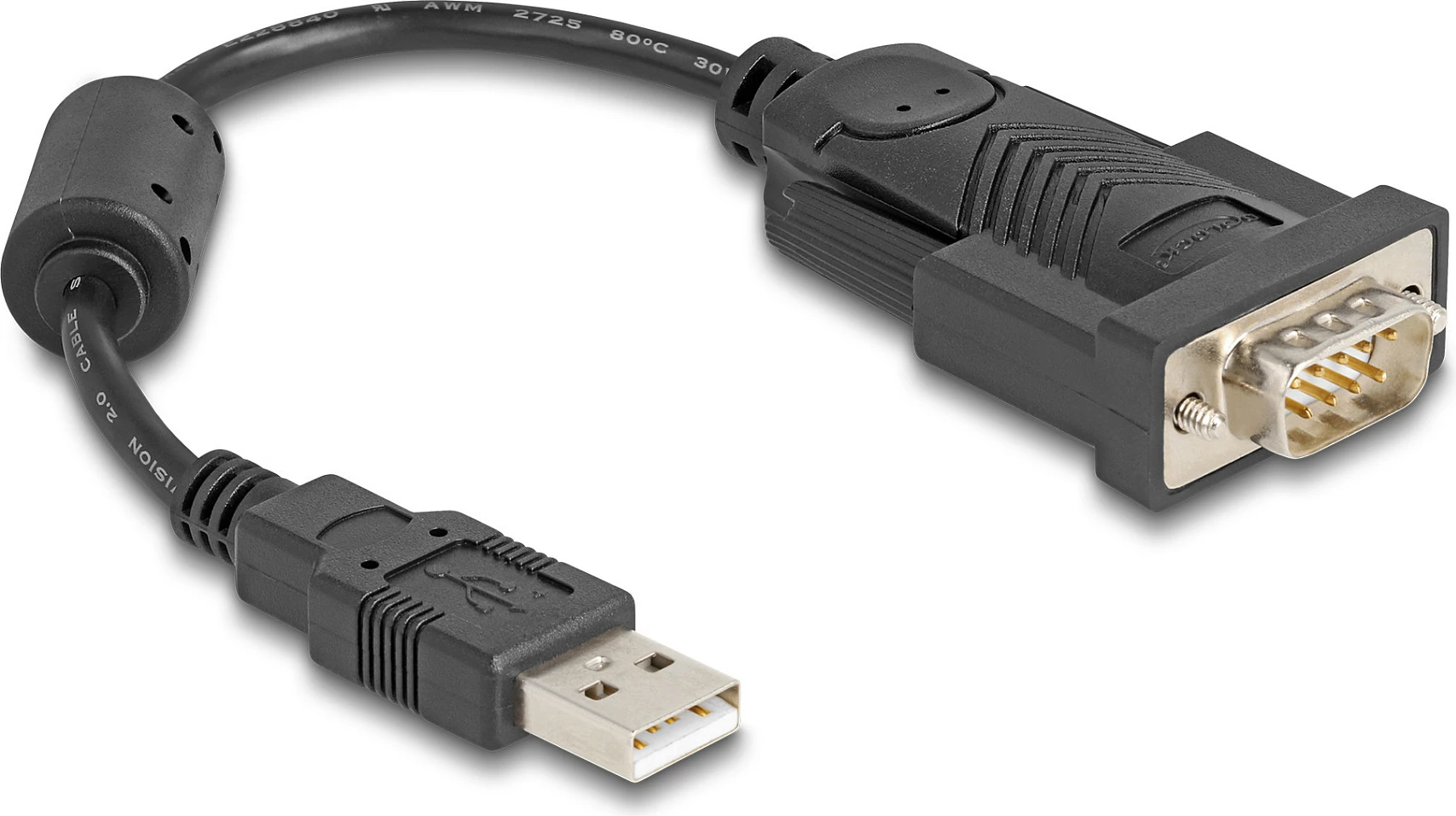 Adapter DeLOCK USB Type-A në Serial RS-232 DB9 9-pin, 0.25 m, me ferrit, i zi