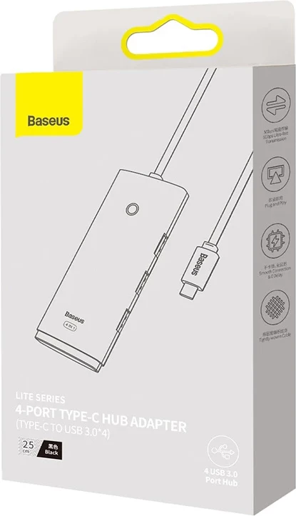 Kasë Baseus Lite Series HUB 4-në-1, USB-C në 4x USB 3.0 + USB-C, 25cm, e zezë