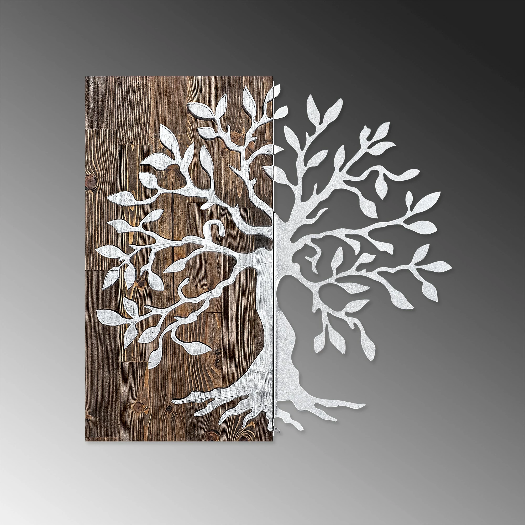 Aksesor dekorativ për mur, dru dhe metal, pemë, ngjyrë arrë dhe argjend, 58x58cm