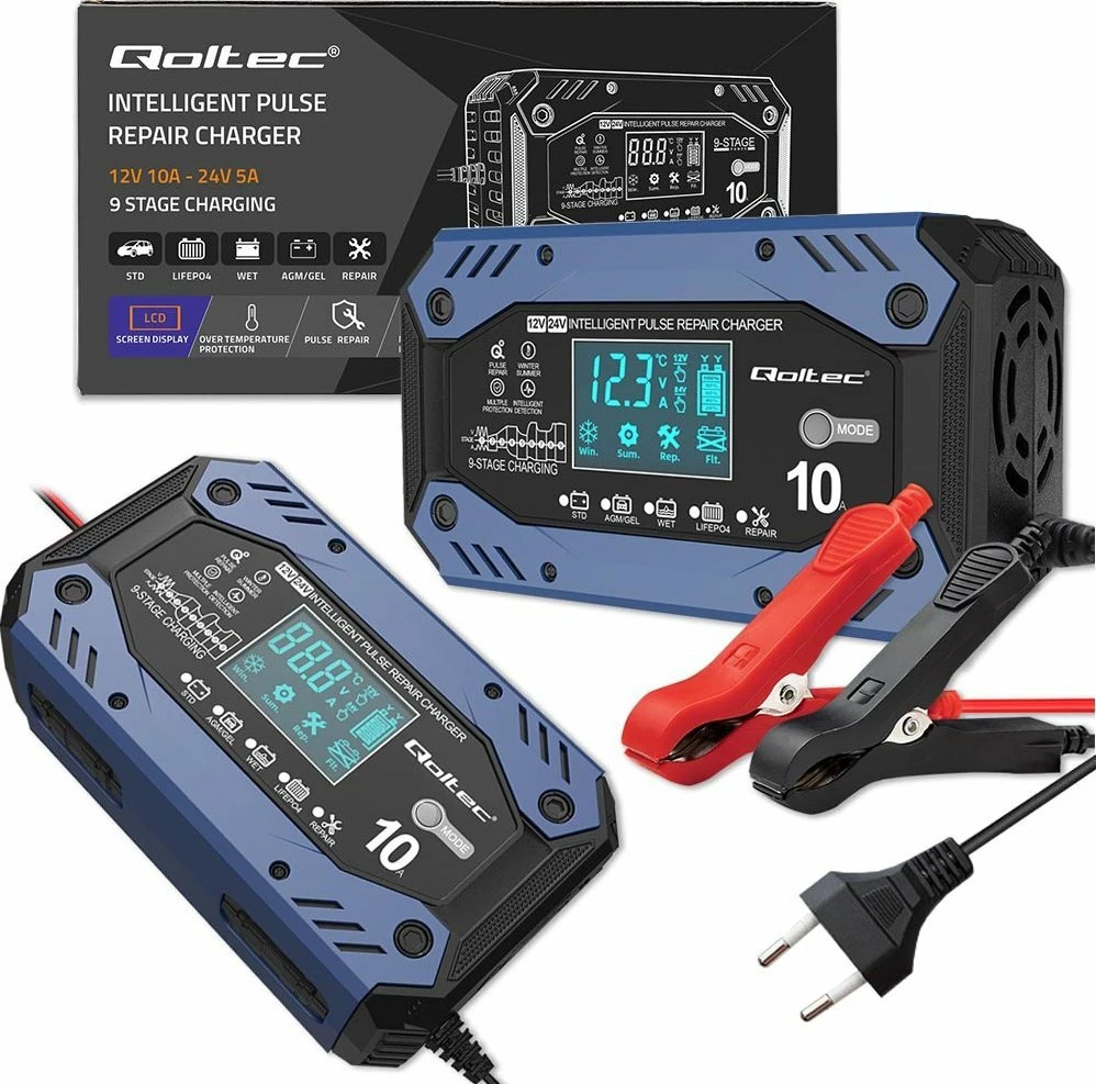 Karikues inteligjent baterie Qoltec 12/24V, LCD, 9-faza, LiFePO4/AGM/GEL/STD, blu