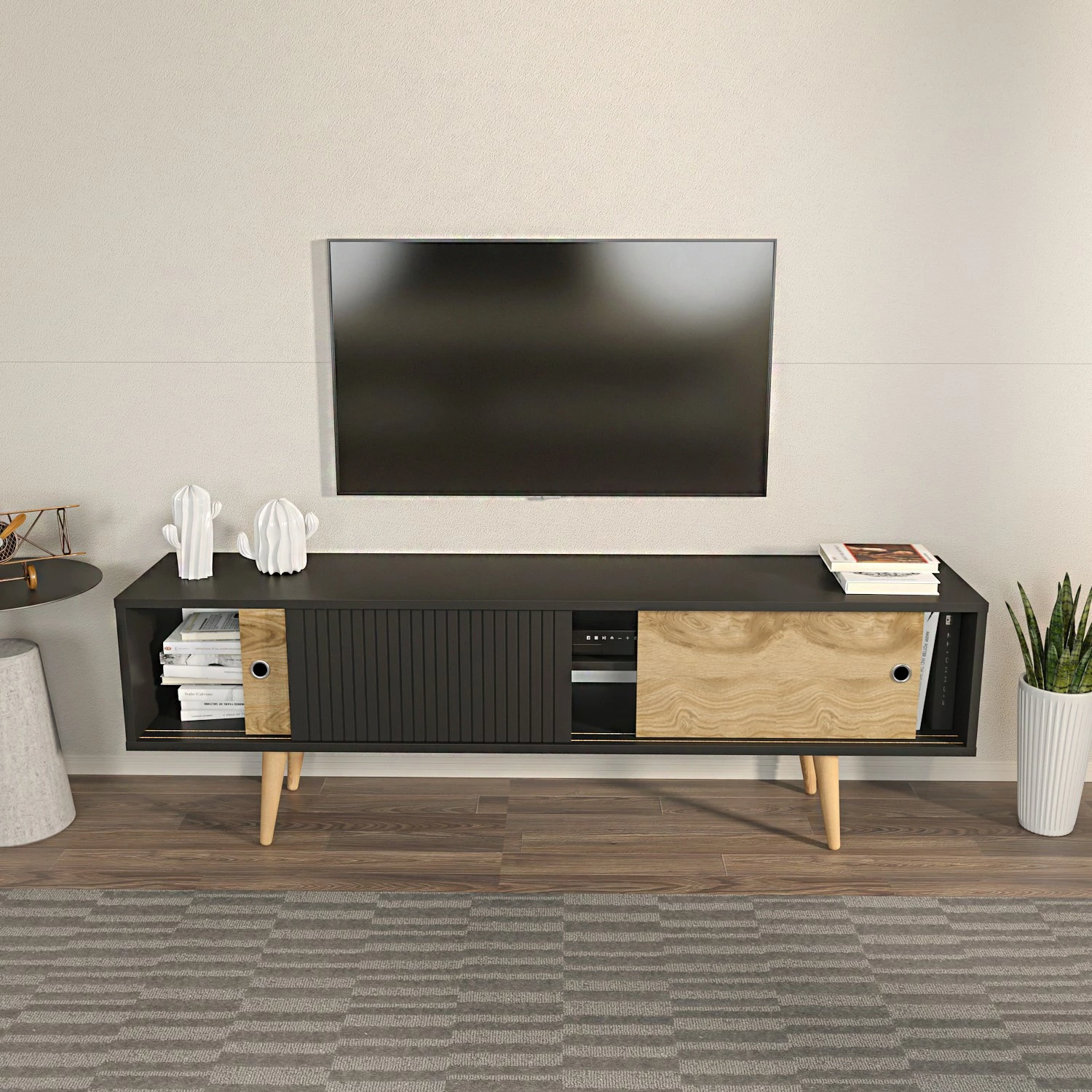 Komodë TV Skye Decor, ngjyrë antracit-dru lisi