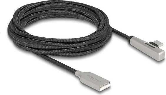 Kabllo USB DeLOCK USB 2.0 USB-A në USB-C, 3 m, 60W Fast Charging, këndore, LED, e zezë/argjendtë