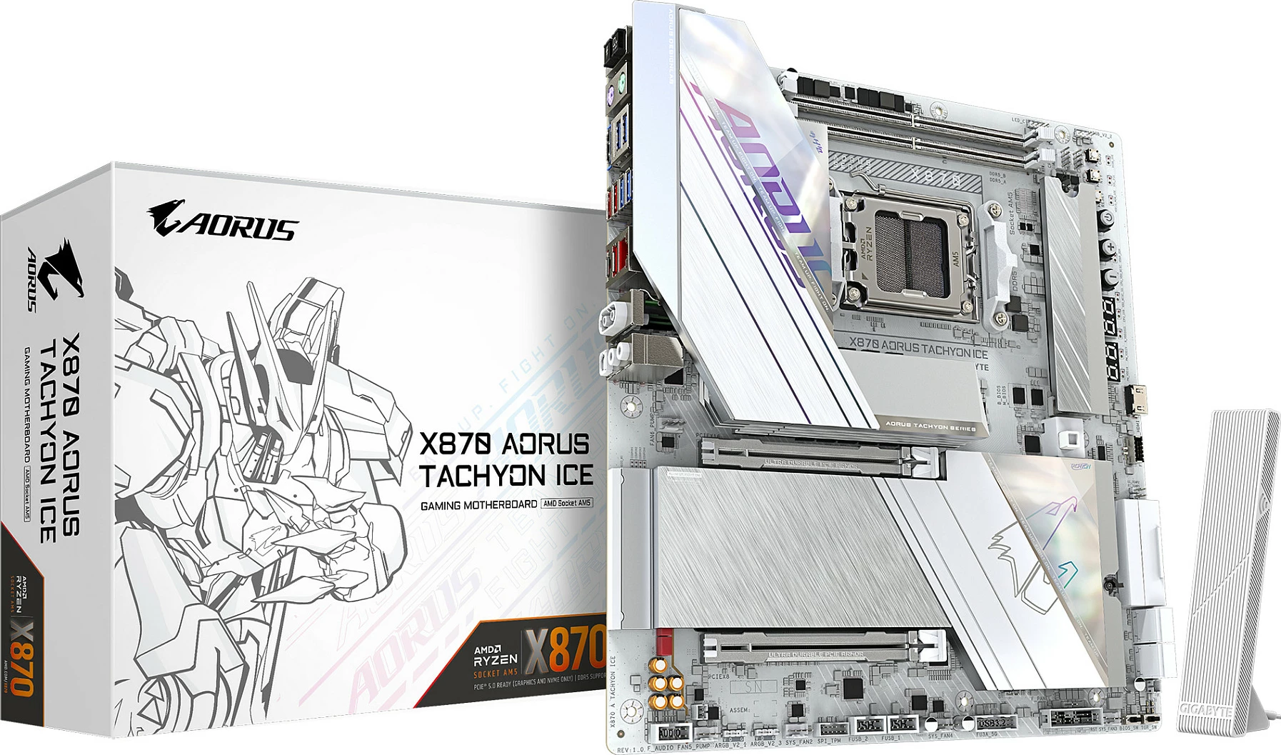 Pllakë amë Gigabyte X870 AORUS TACHYON ICE, Socket AM5, DDR5 9600 (OC), Wi‑Fi 7, 5GbE, e bardhë/argjendtë