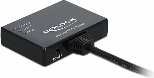 Splitter HDMI DeLOCK 87747, 1 në 2, 4K@60Hz, kabllo 0.6m, i zi