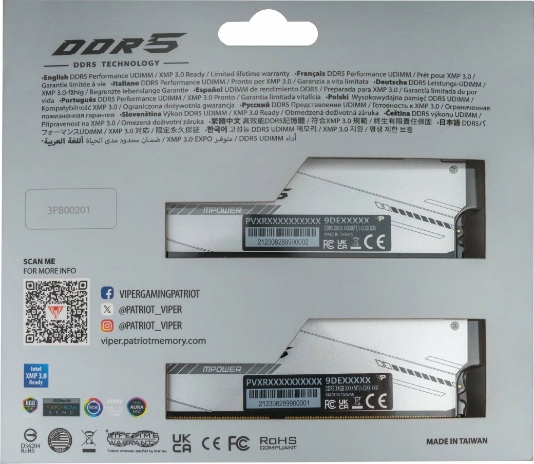 RAM Memorje Patriot Viper Xtreme 5 RGB MPower PVXR532G64C32KM, DDR5 32GB (2x16GB) 6400MHz CL32 UDIMM, bardhë