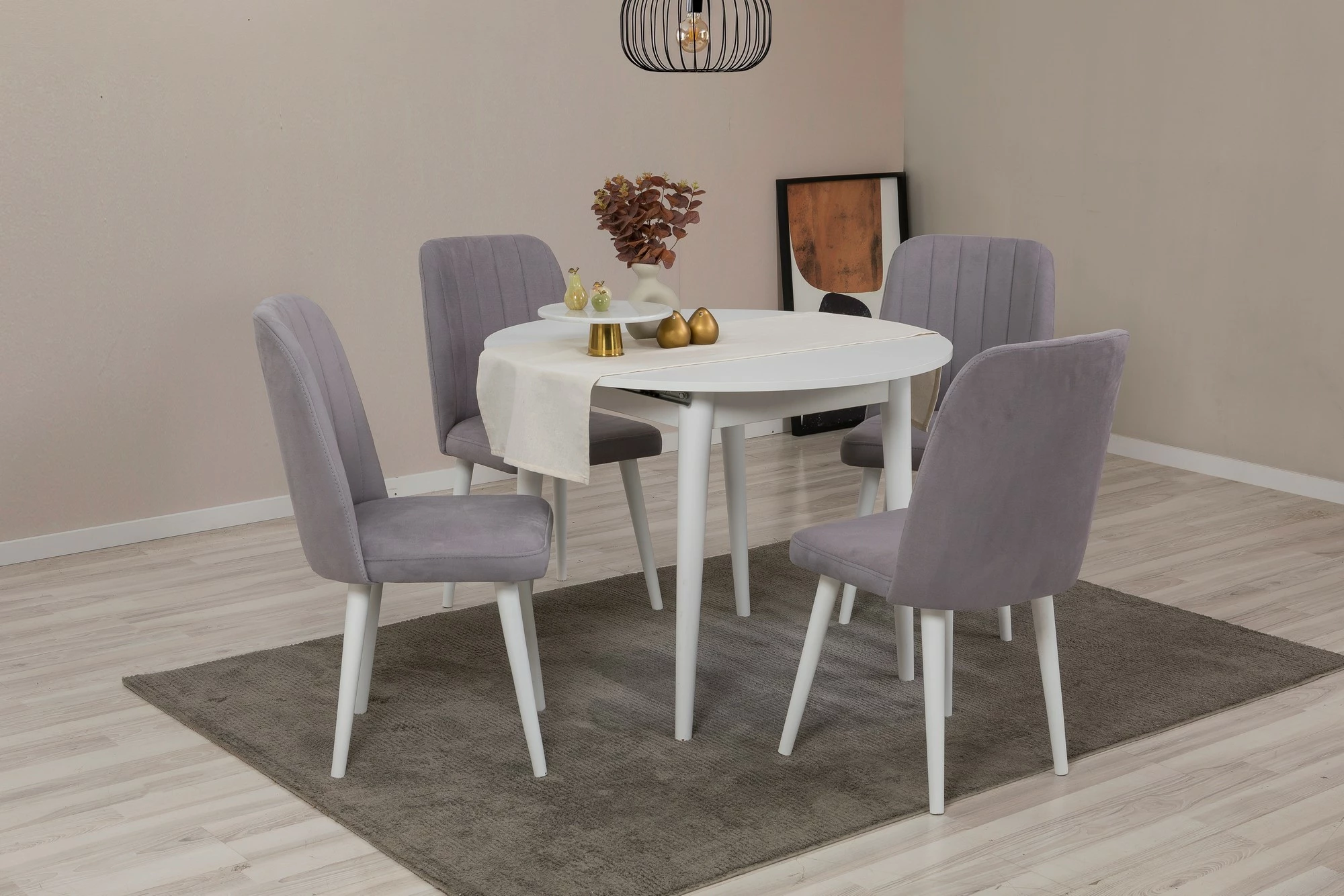 Tavolinë me karrige, zgjatshme, 5 copë, Skye Decor Vina 0701, e bardhë, gri
