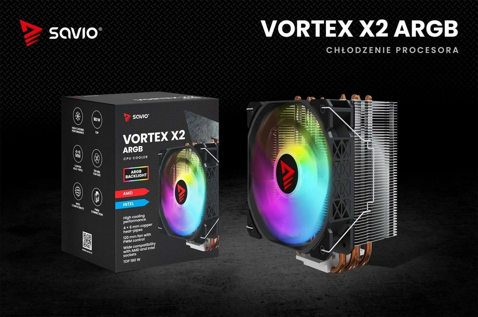 Kasë ftohëse procesori Savio Vortex X2 ARGB, 120 mm, 4 heatpipe, ARGB
