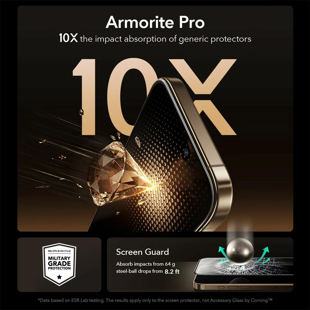 Mbrojtës ekrani xham i kalitur ESR UltraFit Armorite Pro për iPhone 17 Pro Max, 159×74 mm, transparent, set me kit instalimi