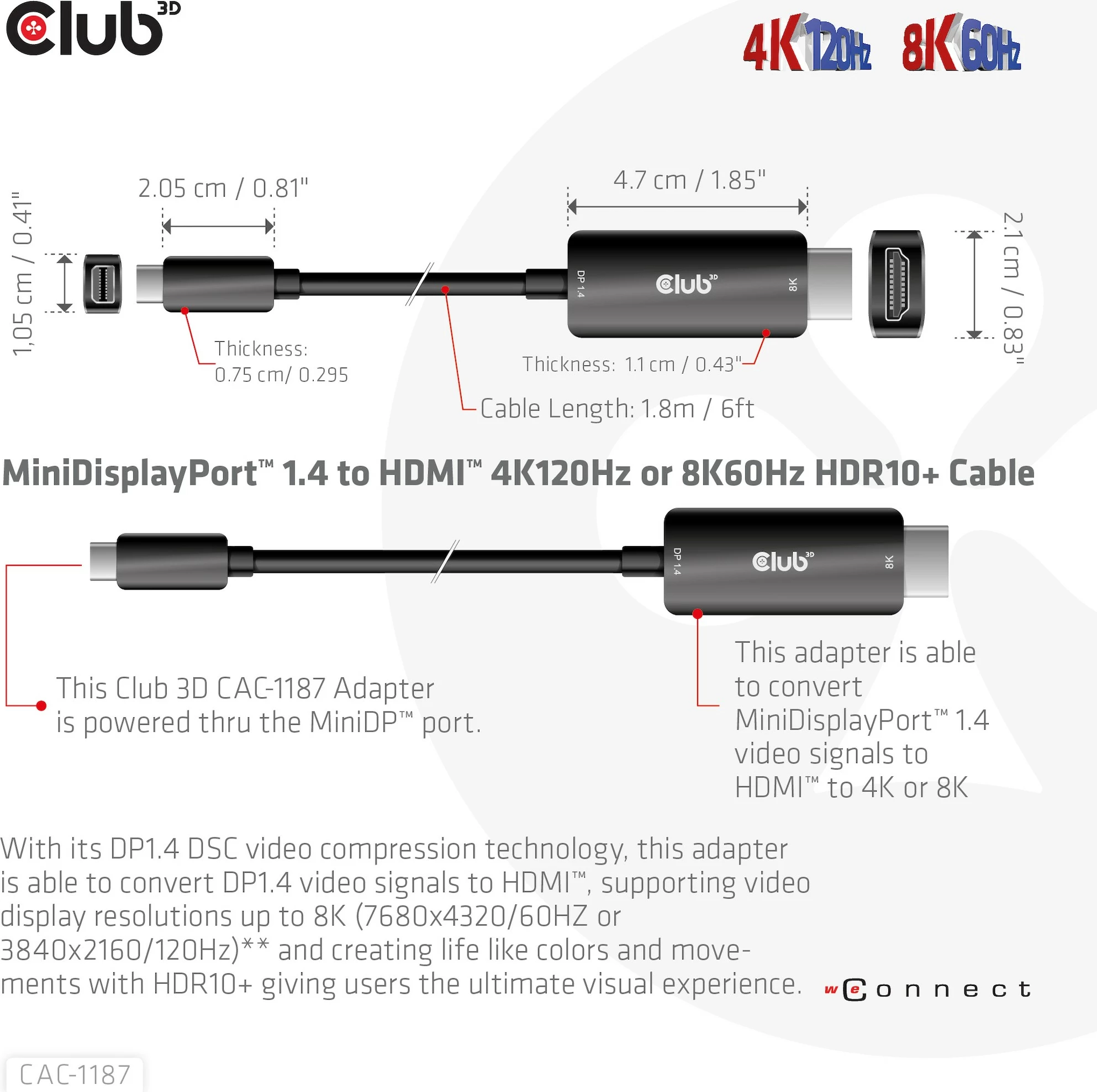 Kabllo Club3D Mini DisplayPort në HDMI 1.8m 8K60Hz e zezë