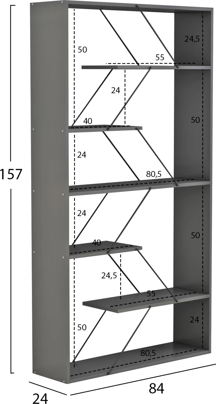 Raft librash TARS, melamin gri, shufra metali të zeza, FH2240.20, 84x24x157H cm