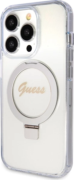 Mbështjellës Guess Ring Stand Script Glitter MagSafe për iPhone 15 Pro, Transparent