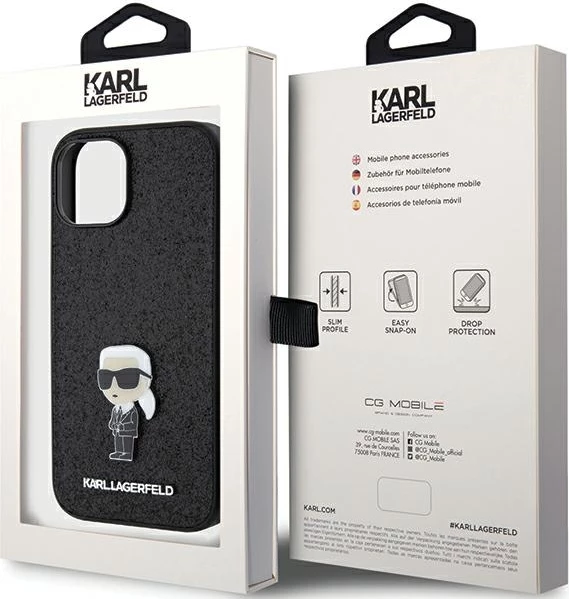 Mbështjellës Karl Lagerfeld Glitter Ikonik Logo Metal për iPhone 15, i zi