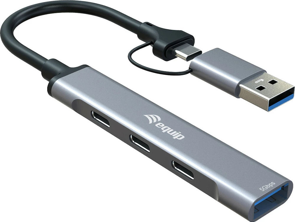 USB hub Equip 128969, 4 porta (3x USB-C + 1x USB-A), USB 3.2 Gen 1, 5Gbps, alumini, gri