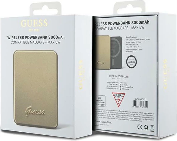 Powerbank wireless Guess Metal Script Logo MagSafe 3000mAh, 5W, Gold