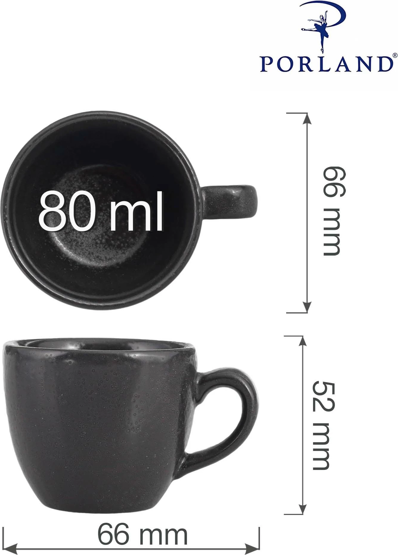 Filxhan espresso Porland Seasons Coal 80 ml, porcelan, i zi, set 6 copë