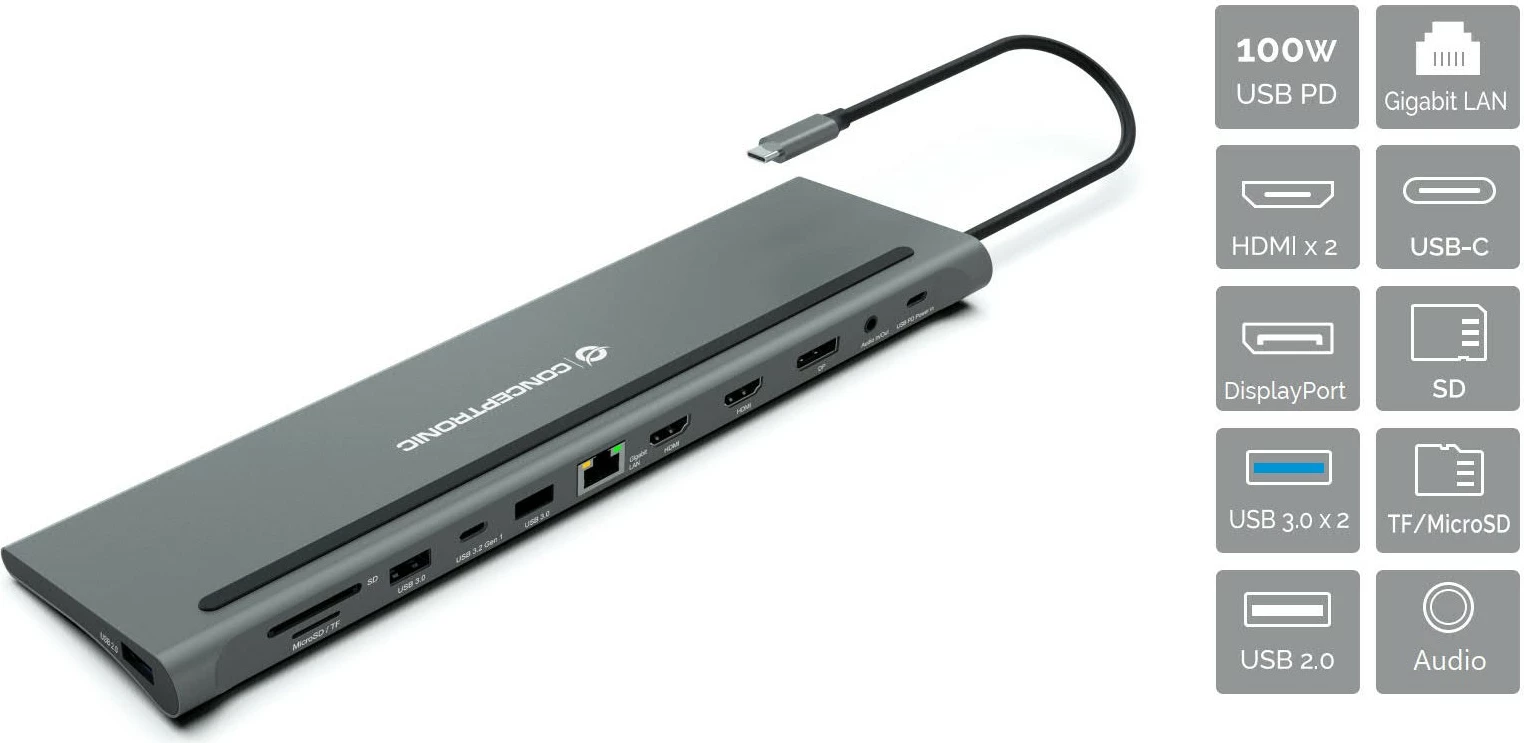 Dok Conceptronic 12-1 USB-C, 2xHDMI, 3xUSB-A, DisplayPort, 18cm, gri