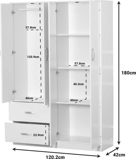 Dollap katërkanatësh me loft Zelia, 2 sirtarë, ngjyrë e bardhë, 120x42x240cm