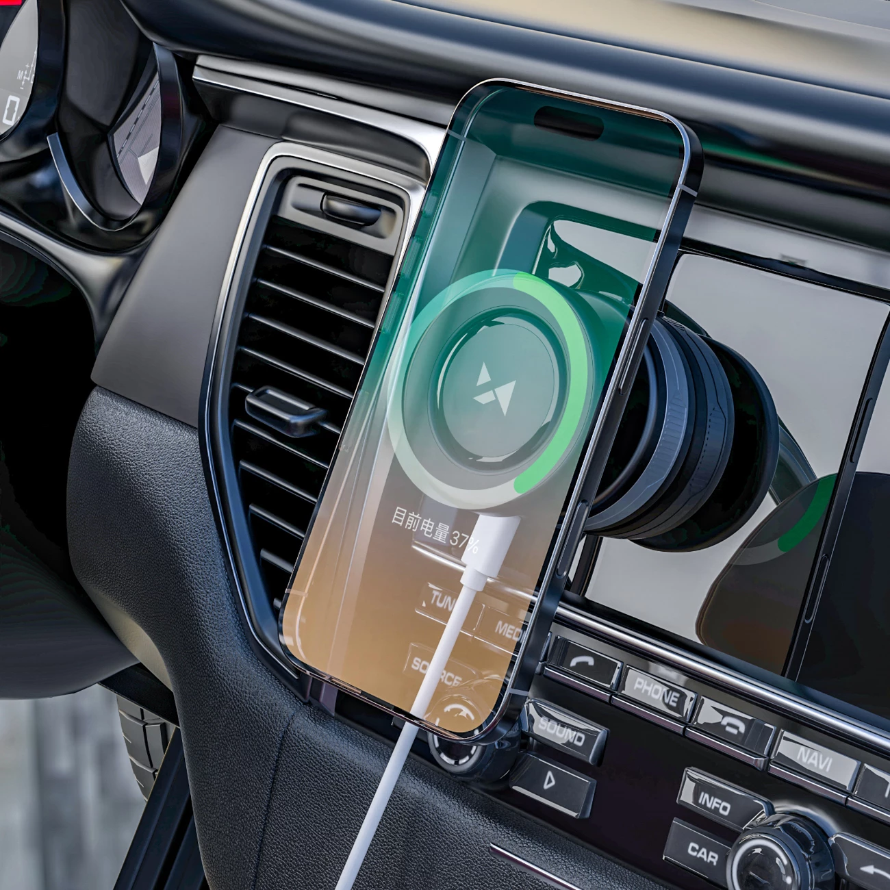 Mbajtës veture me karikues Qi, Wozinsky WUSQ-01, MagSafe kompatibil, 15W, montim me kupë thithëse për xham/panel, rrotullim 360°, USB-C, kabllo 1m, zi