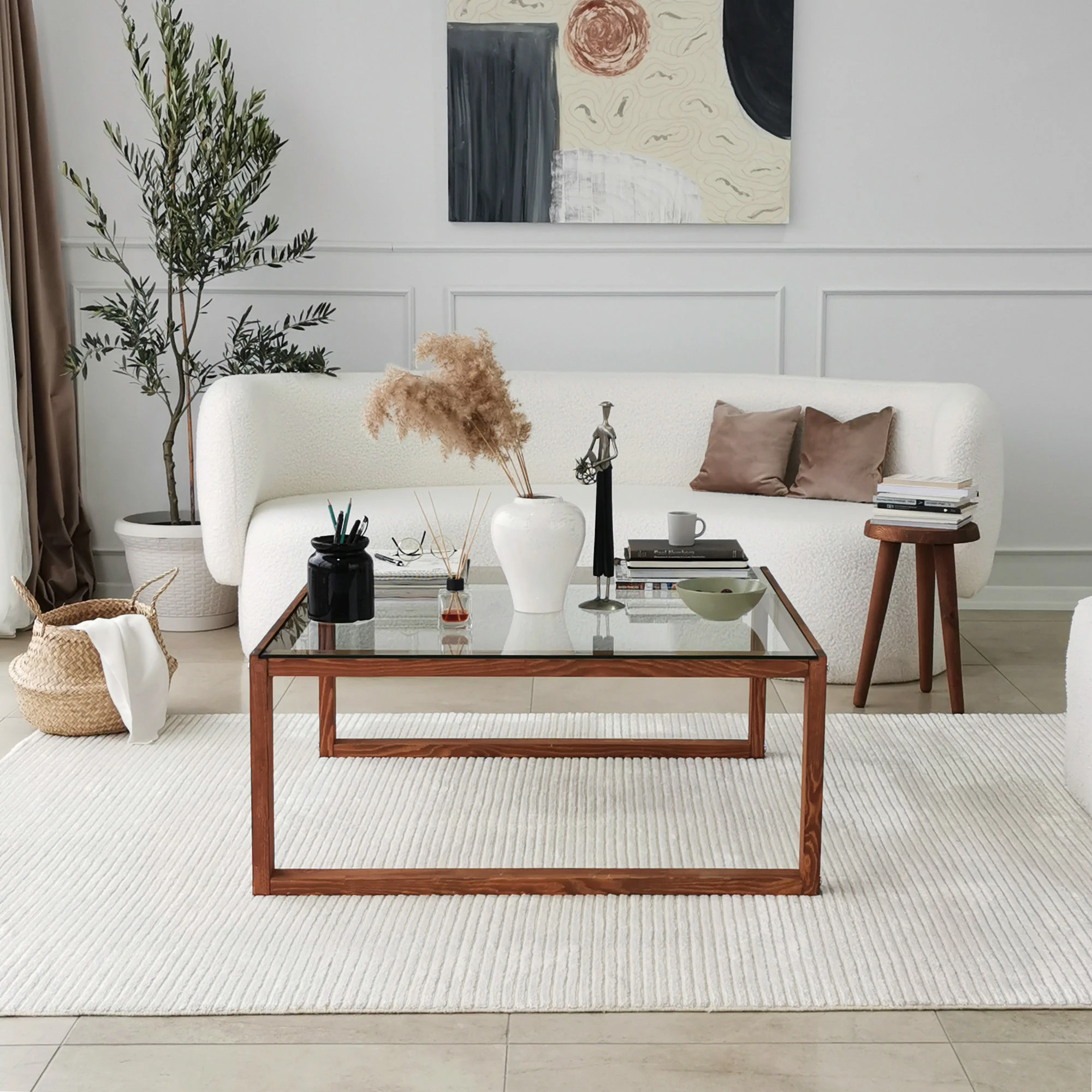 Tavolinë kafeje Hanah Home, Via, ngjyrë druri, xham i temperuar, 90x90x40cm