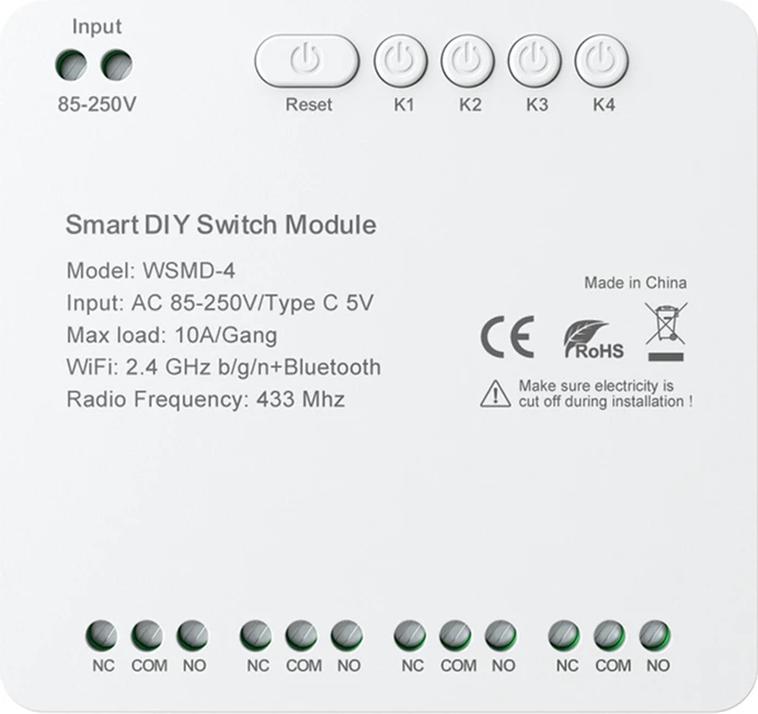 Modul smart Switch DIY, Avatto WSMD-4, 4-kanales, 10A/kanal, Wi‑Fi 2.4GHz + Bluetooth + RF 433MHz, furnizim 85–250V AC ose 5V USB‑C