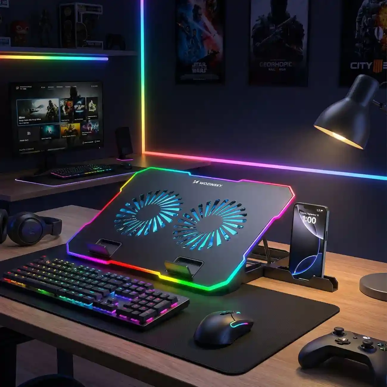 Bazë ftohëse për laptop Wozinsky WDCX-A26 NitroCool, 9"-17", RGB, 2x ventilatorë, 2x USB 2.0, E zezë